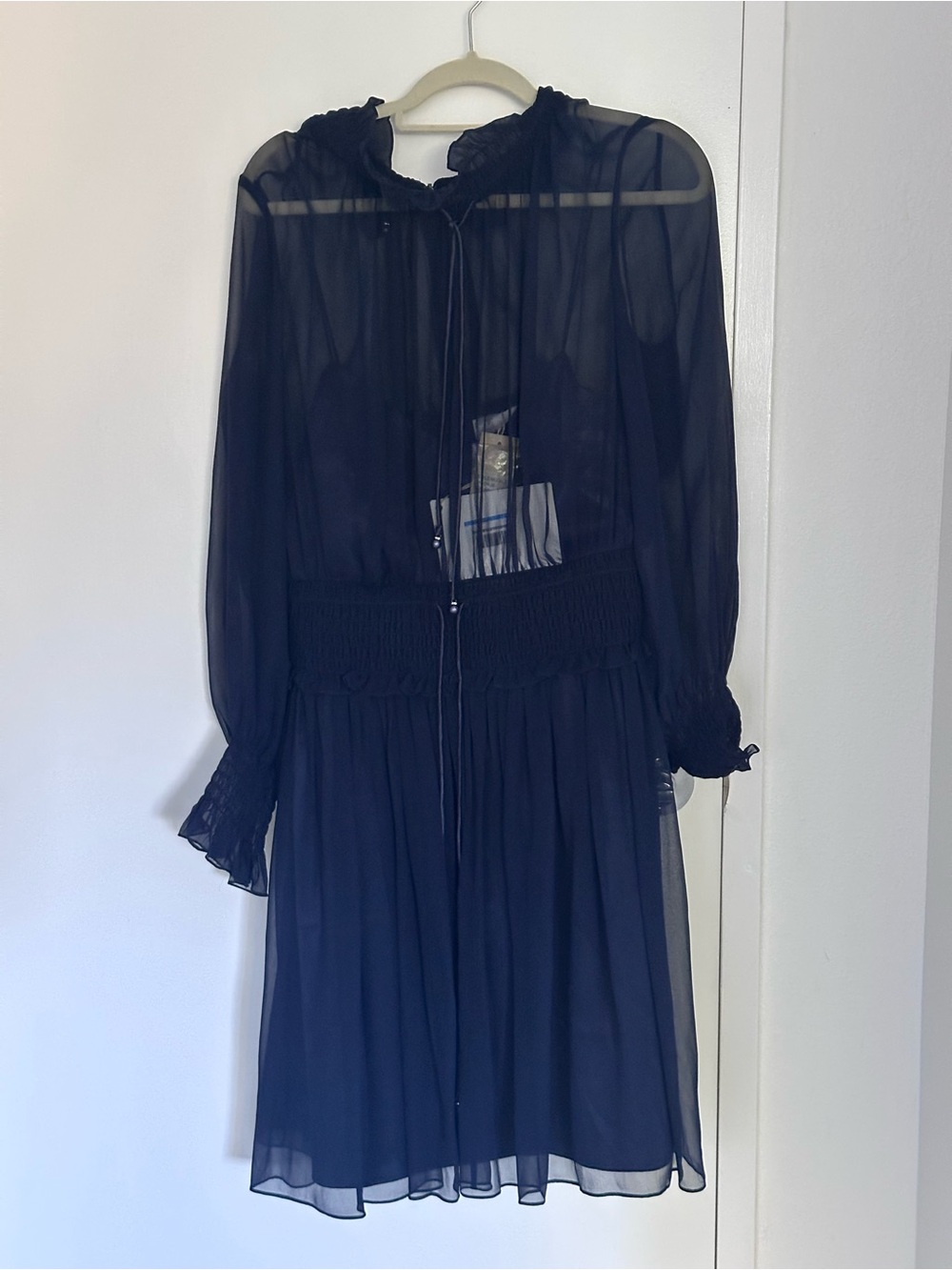 Mikael Aghal Chiffon Long-Sleeve Smocked Waist Dress - Blue Size 10 NWT